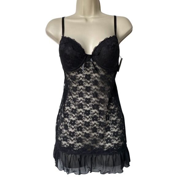Rene Rofe Sexy Babydoll Lingerie Black Sheer Lace Nightie Underwire Size Large - Picture 1 of 5